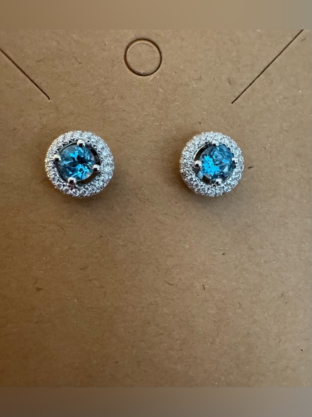 14K White Gold Blue Zircon & Diamond Halo Stud Earrings
